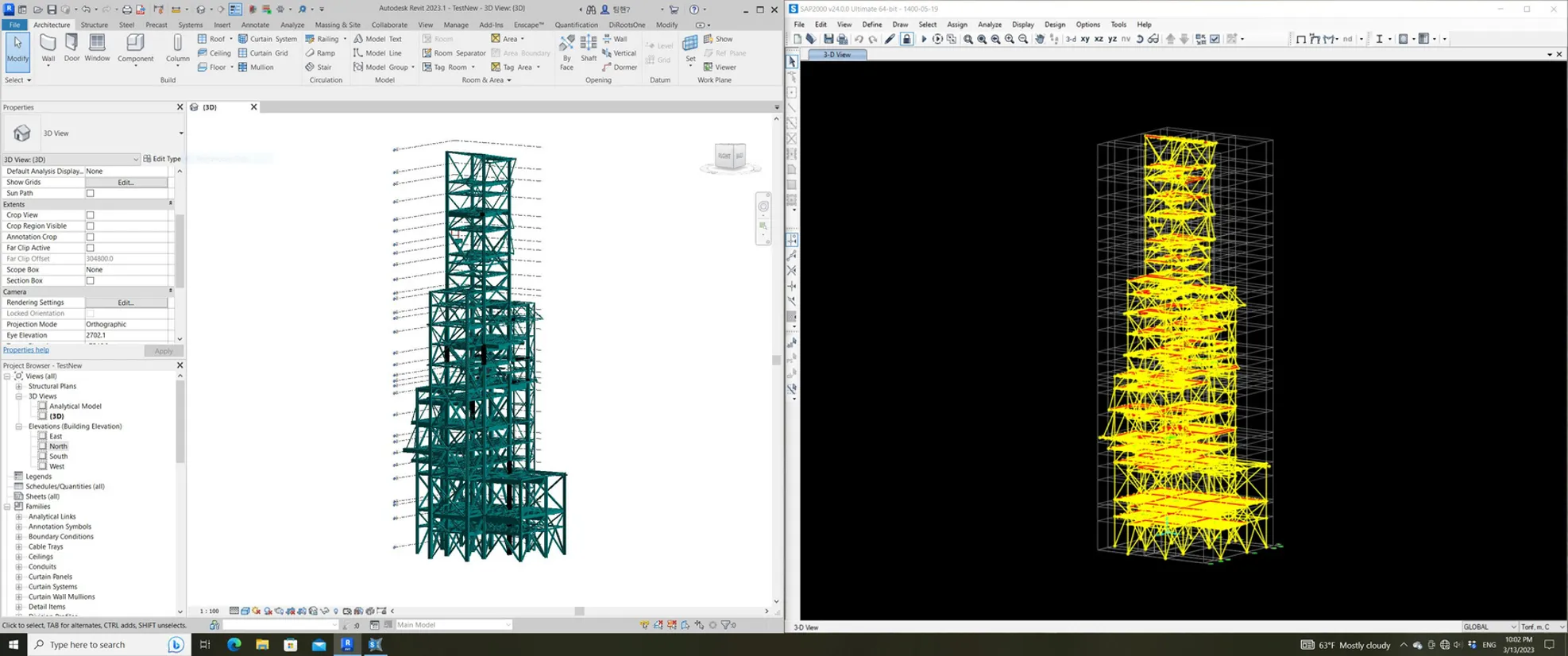 Revit and ETABS side-by-side after CSI-to-Revit import